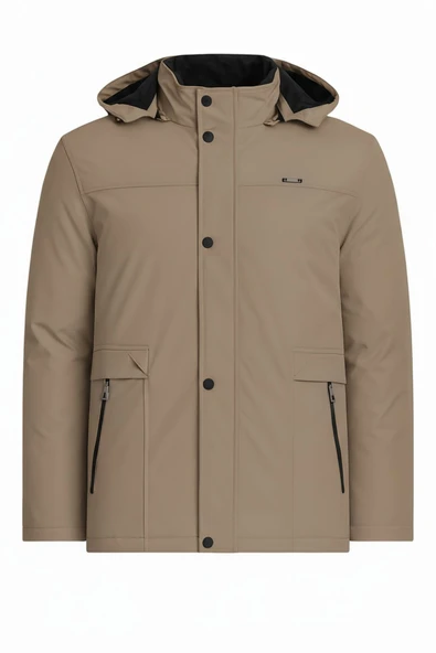 Erkek Krem %100 Su Ve Rüzgar Geçirmez Kürklü Çıkartılabilir Kapüşonlu Mont&Kaban ürün görseli 1