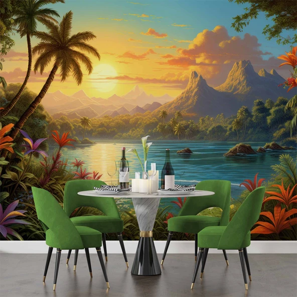 Göl ve Tropikal Manzaralı Duvar Kağıdı - Resim 5