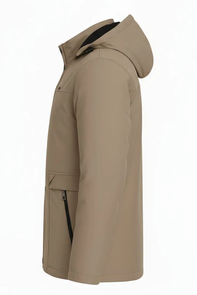 Erkek Krem %100 Su Ve Rüzgar Geçirmez Kürklü Çıkartılabilir Kapüşonlu Mont&Kaban - Resim 2