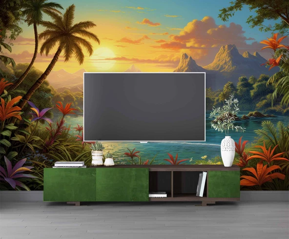 Göl ve Tropikal Manzaralı Duvar Kağıdı - Resim 3