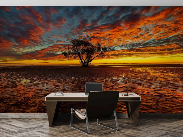 Bulut Ağaç Günbatımı Manzaralı Duvar Kağıdı - Resim 4