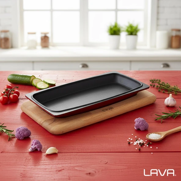Lava Döküm Dikdörtgen Servis Tabağı ve Kayın Servis Ahşabı. Ölçü 30x15cm.-Bordo - 7