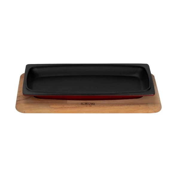 Lava Döküm Dikdörtgen Servis Tabağı ve Kayın Servis Ahşabı. Ölçü 30x15cm.-Bordo - 1