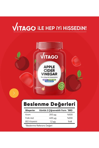 VİTAGO AppleCiderVinegarElma Sirkesi İleTatlandırılmış Krom B12 VitaminiFolik Asit60AdetÇiğnenebilirGummies - Resim 3