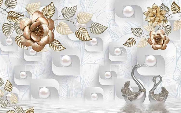 3D Beyaz İnci Altın Çiçek Desenli Duvar Kağıdı Baskı - 6