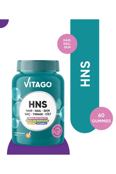 VİTAGO HNS Hair Nail Skin Biotin, Folik Asit Vitamin E ve Hidrolize Keratin İçeren 60 AdÇiğnenebilirGummies ürün görseli