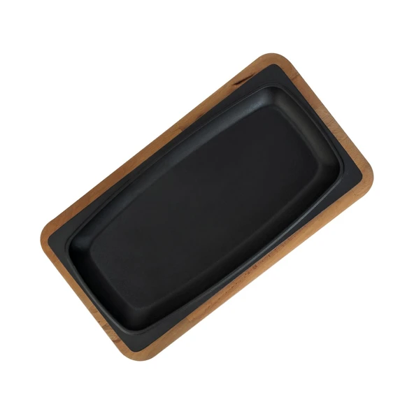 Lava Döküm Dikdörtgen Servis Tabağı ve Kayın Servis Ahşabı. Ölçü 30x15cm.-Bordo - 3
