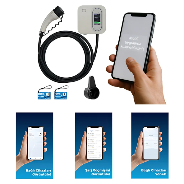 Elektrikli Akıllı Araç Şarj İstasyonu 22 KW Duvar Tipli 5 Metre Kablo Mobil Uygulamalı HCDK-22 RFID - Resim 3