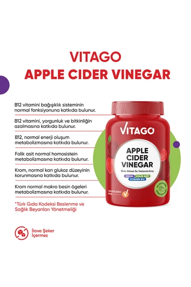 VİTAGO AppleCiderVinegarElma Sirkesi İleTatlandırılmış Krom B12 VitaminiFolik Asit60AdetÇiğnenebilirGummies - Resim 2
