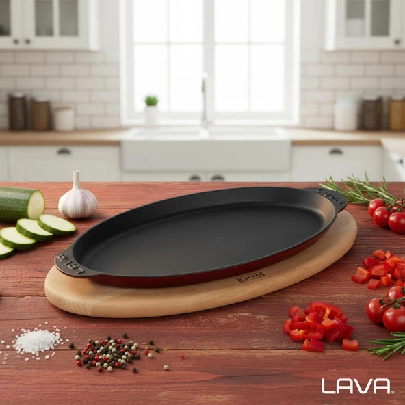 Lava Döküm Balık Tabağı Döküm Demir Yekpare Kulplu Kayın Servis Ahşabı 15x29cm.-Bordo - Resim 7