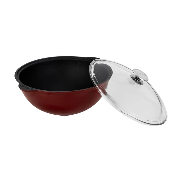 Lava Döküm Yuvarlak Cam Kapaklı Özbek Kazanı / Tencere. Döküm Demir Yekpare Kulplu Çap(Ø)30 cm.-Bordo - Resim 2