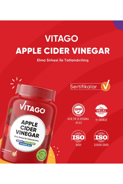 VİTAGO AppleCiderVinegarElma Sirkesi İleTatlandırılmış Krom B12 VitaminiFolik Asit60AdetÇiğnenebilirGummies - Resim 4