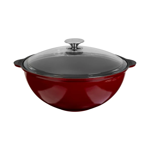 Lava Döküm Yuvarlak Cam Kapaklı Özbek Kazanı / Tencere. Döküm Demir Yekpare Kulplu Çap(Ø)30 cm.-Bordo ürün görseli