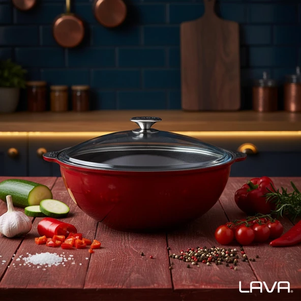 Lava Döküm Yuvarlak Cam Kapaklı Özbek Kazanı / Tencere. Döküm Demir Yekpare Kulplu Çap(Ø)30 cm.-Bordo - Resim 7