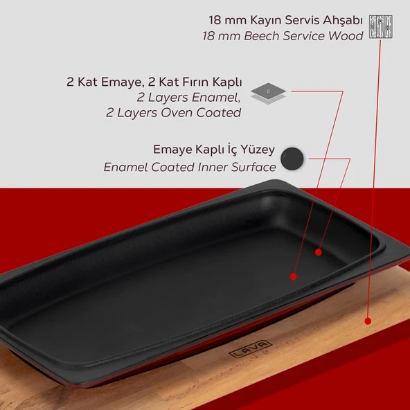 Lava Döküm Dikdörtgen Servis Tabağı ve Kayın Servis Ahşabı. Ölçü 30x15cm.-Bordo - 6