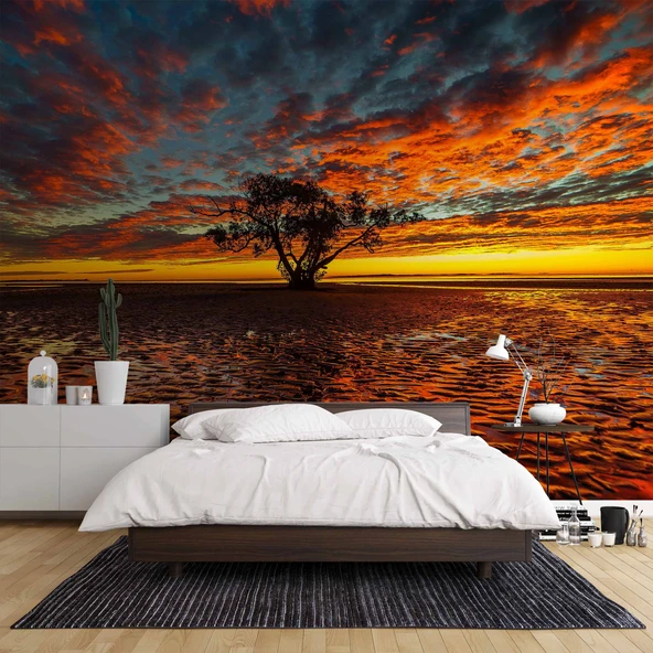 Bulut Ağaç Günbatımı Manzaralı Duvar Kağıdı - Resim 2