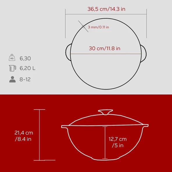 Lava Döküm Yuvarlak Cam Kapaklı Özbek Kazanı / Tencere. Döküm Demir Yekpare Kulplu Çap(Ø)30 cm.-Bordo - Resim 5