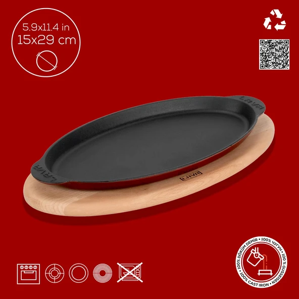 Lava Döküm Balık Tabağı Döküm Demir Yekpare Kulplu Kayın Servis Ahşabı 15x29cm.-Bordo - Resim 4