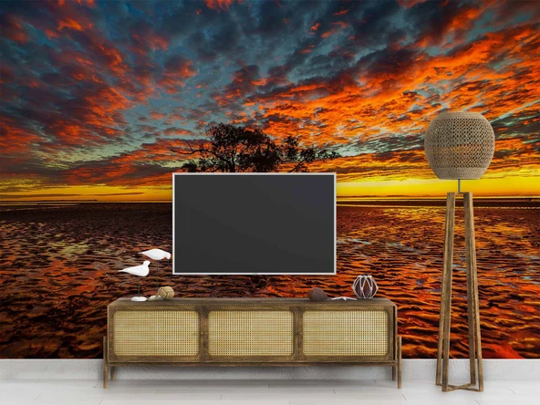 Bulut Ağaç Günbatımı Manzaralı Duvar Kağıdı - Resim 3