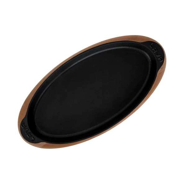 Lava Döküm Balık Tabağı Döküm Demir Yekpare Kulplu Kayın Servis Ahşabı 15x29cm.-Bordo - Resim 3