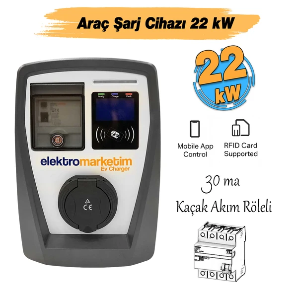 Elektrikli Wallbox Araç Şarj İstasyonu EMEV 22 kW 3 Faz Type-2 Soket Duvar Tip Mobil Uygulama RFID - Resim 2