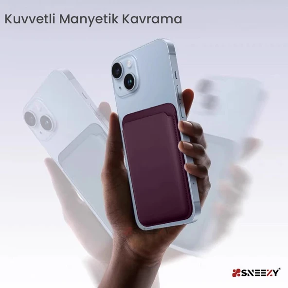 Sneezy İphone 12 Mini-12-12 Pro-12 Pro max Uyumlu Birinci Sınıf Magsafe Cüzdan Magsafe Deri Kartlık  Mor - 5