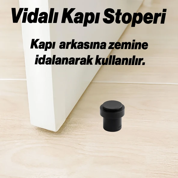 Metal Kapı Stoperi Siyah Düz Model Vidalı Montaj Kauçuk Başlıklı Kapı Tamponu Durdurucu Koruyucu - Resim 2