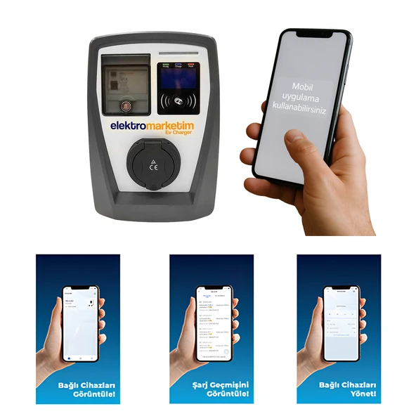 Elektrikli Wallbox Araç Şarj İstasyonu EMEV 22 kW 3 Faz Type-2 Soket Duvar Tip Mobil Uygulama RFID - Resim 4