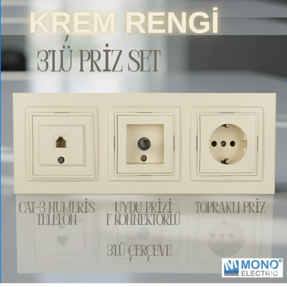 3'lü Set - Topraklı Priz, F Konnektör , Nümeris Cat3 Telefon Priz Set ürün görseli 1