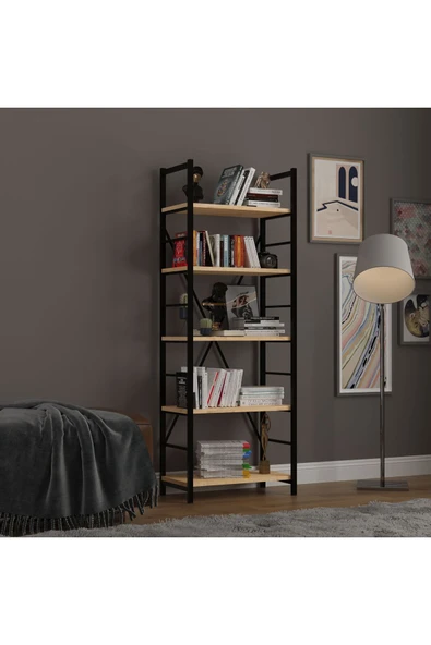 6 RAFLI METAL KİTAPLIK TEK MODÜL  Safir Meşe - Resim 3