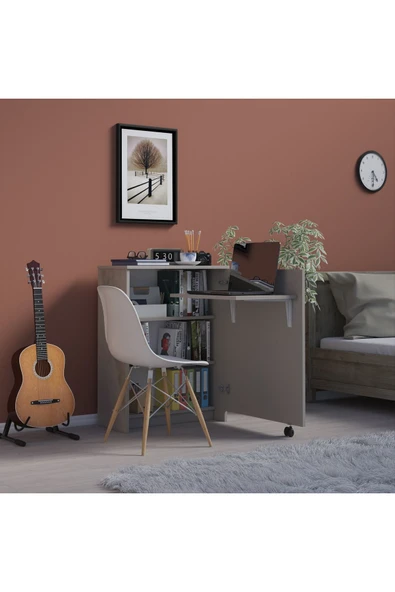 Çalışma Odası Fonksiyonel Kitaplık + Katlanır Masa MD002  Kül Gri ürün görseli