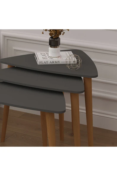 3’lü ÜÇGEN ZİGON SEHPA AHŞAP AYAKLI  ANTRASİT - Resim 4