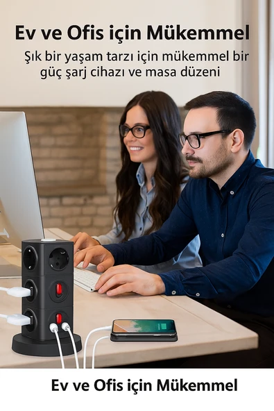 Dikey Kule Tipi Çoklu Priz  12 Priz Girişi, 3 USB Çıkışı, Anahtarlı, Güvenlik Korumalı - 5