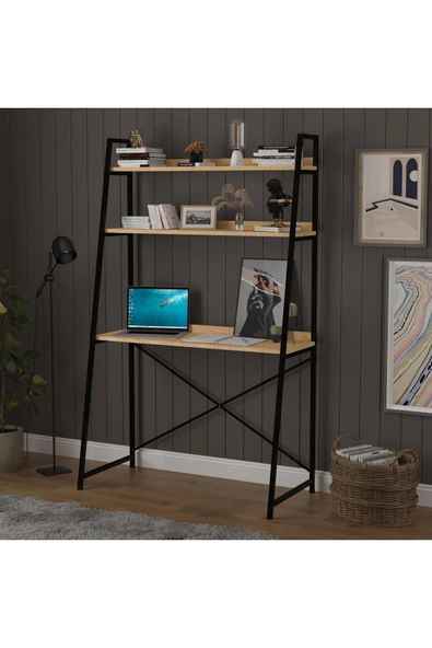 METAL KİTAPLIKLI ÇALIŞMA MASASI  Safir Meşe - Resim 2