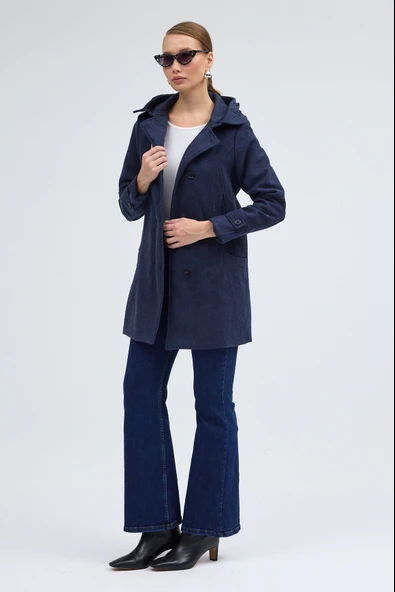 Yaka Detaylı Büyük Düğmeli Kaşe Kaban - 6