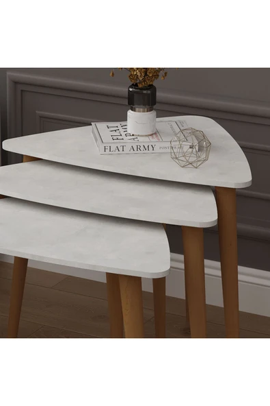 3’lü ÜÇGEN ZİGON SEHPA AHŞAP AYAKLI  RETRO TAŞ - Resim 4