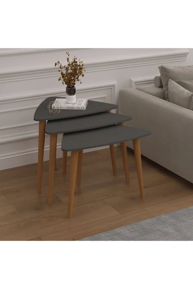 3’lü ÜÇGEN ZİGON SEHPA AHŞAP AYAKLI  ANTRASİT - Resim 3