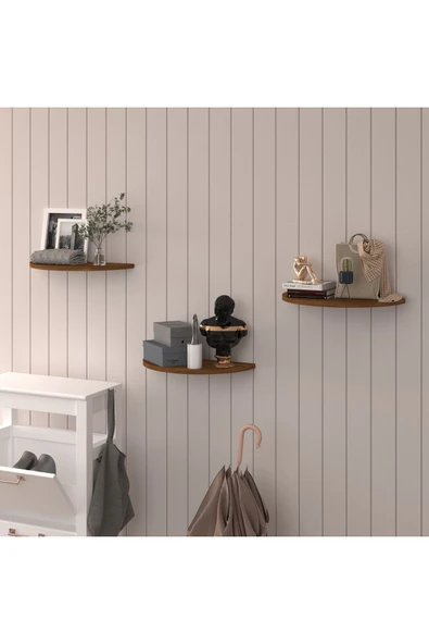 Doğal Modern Organizer Düzenleyici 3'lü Oval Dekoratif Kitaplık Banyo Mutfak Duvar Rafı  Ceviz - Resim 2