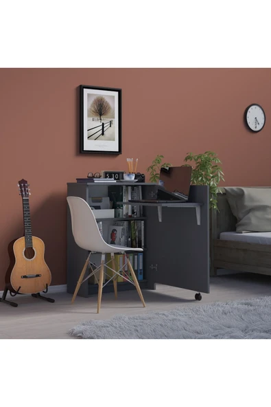 Çalışma Odası Fonksiyonel Kitaplık + Katlanır Masa MD002  Antrasit Gri ürün görseli