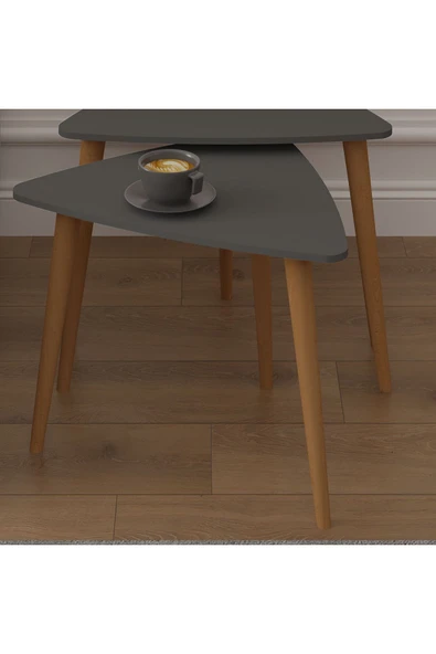 3’lü ÜÇGEN ZİGON SEHPA AHŞAP AYAKLI  ANTRASİT - Resim 5