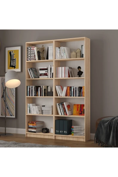 5 Raflı (5 BÖLMELİ) 2 Modüllü Kitaplık Çalışma Odası Ofis Modern Dekoratif Kitaplık  Safir Meşe ürün görseli