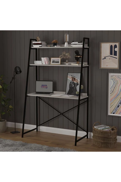 METAL KİTAPLIKLI ÇALIŞMA MASASI  Kül Gri - Resim 2