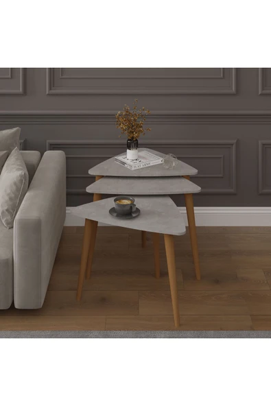 3’lü ÜÇGEN ZİGON SEHPA AHŞAP AYAKLI  RETRO GRİ ürün görseli