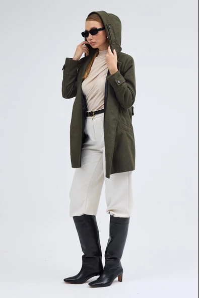 Yaka Detaylı Büyük Düğmeli Kaşe Kaban - 4