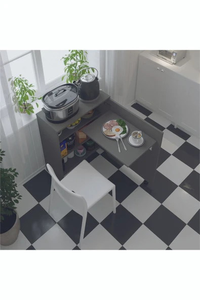 Mutfak Fonksiyonel Kiler Dolabı  Katlanır Masa  Antrasit Gri ürün görseli