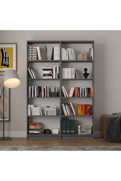 5 Raflı (5 BÖLMELİ) 2 Modüllü Kitaplık Çalışma Odası Ofis Modern Dekoratif Kitaplık  Antrasit Gri - Resim 2