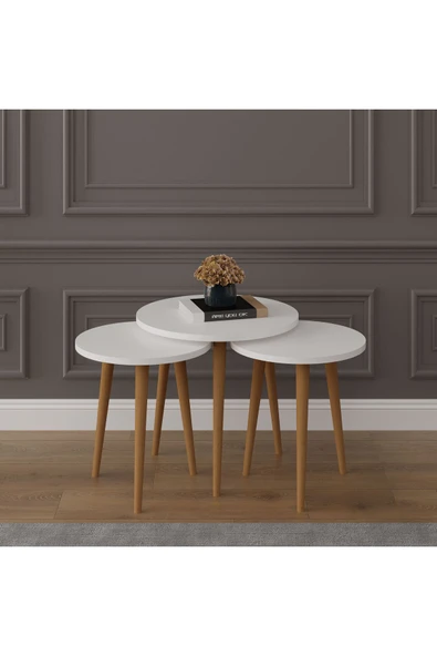 3’lü YUVARLAK ZİGON SEHPA AHŞAP AYAKLI  BEYAZ ürün görseli