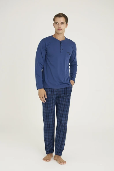 Kly 9223 Erkek %100 Pamuklu 4 Mevsim Kumaş Ekoseli Uzun Kollu Pijama Takım - 2