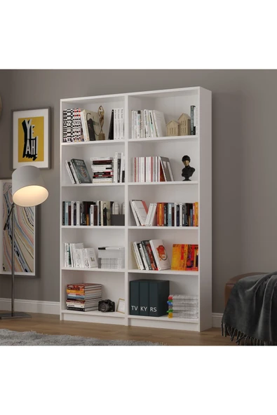 5 Raflı (5 BÖLMELİ) 2 Modüllü Kitaplık Çalışma Odası Ofis Modern Dekoratif Kitaplık  Beyaz ürün görseli