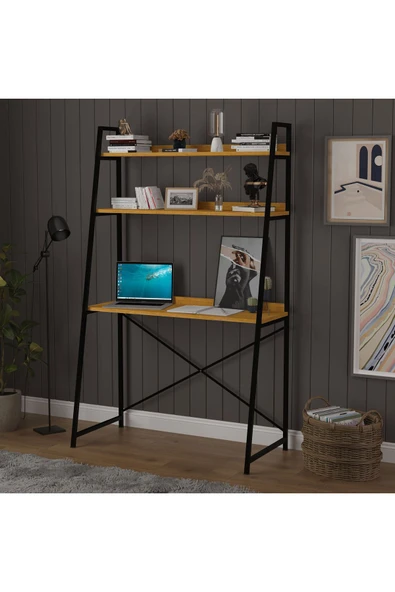 METAL KİTAPLIKLI ÇALIŞMA MASASI  Afrika Ceviz - Resim 2